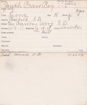 Joseph Brave Boy Student Information Card Joseph Brave Boy Student Information Card
