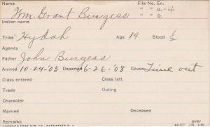 William Grant Burgess Student Information Card