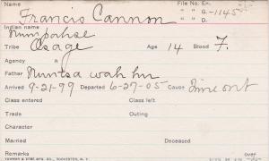 Francis Cannon (Numpahse) Student Information Card