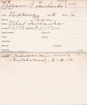 William A. Fairbanks Student Information Card