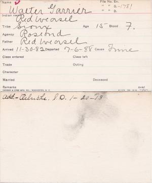 Walter Garrier (Red Weasel) Student Information Card