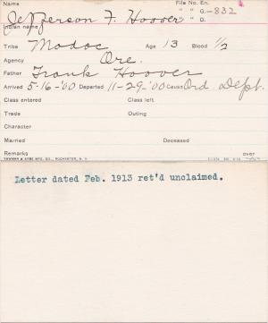 Jefferson F. Hoover Student Information Card