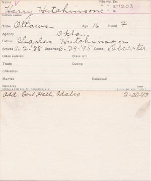 Harry Hutchinson Student Information Card