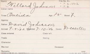 Willard Johnson Student Information Card