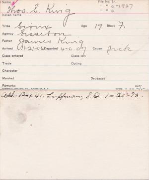 Thomas S. King Student Information Card