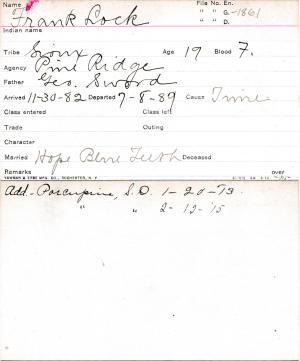 Frank Lock Student (Lock of Hair) Information Card Frank Lock Student (Lock of Hair) Information Card