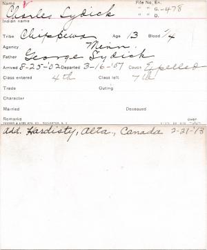 Charles Lydick Student Information Card