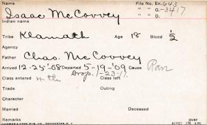 Isaac McCowey Student Information Card
