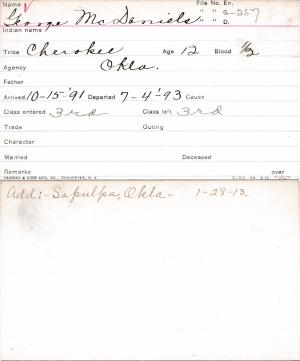 George McDaniels Student Information Card