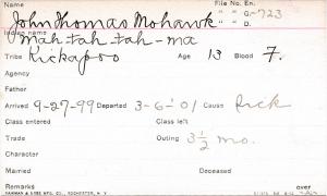 John Thomas Mohawk (Mah-tah-tah-ma) Student Information Card