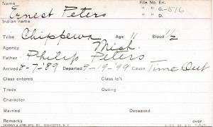 Ernest Peters Student Information Card