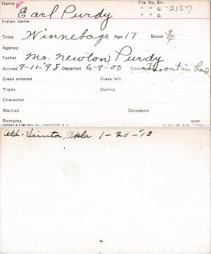 Earl Purdy Student Information Card