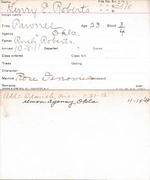 Henry E. Roberts Student Information Card