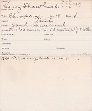 Harry Shawbush Student Information Card