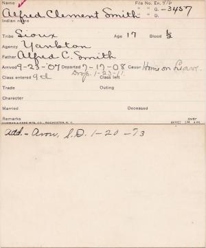 Alfred Clement Smith Student Information Card