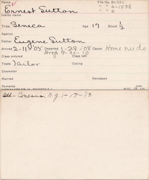 Ernest Sutton Student Information Card