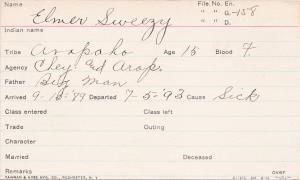 Elmer Sweezy Student Information Card