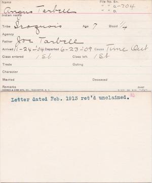 Angus Tarbell Student Information Card