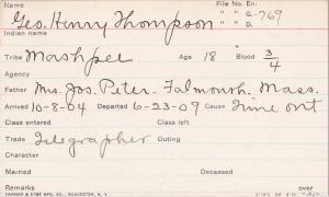 George Henry Thompson Student Information Card