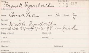 Frank Tyndall Student Information Card