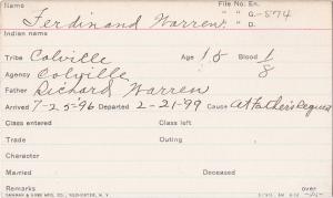 Ferdinand Warren Student Information Card
