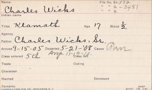 Charles Wicks Student Information Card