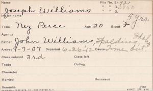 Joseph Williams Student Information Card