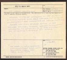 form titled "Reply to Inquiry" which says that no records of Carlos Montezuma's employment with the Bureau of Indian Affairs could be found