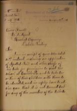 Hand-written letter on yellow-tinted paper, standardized form for the Office of Indian Affairs