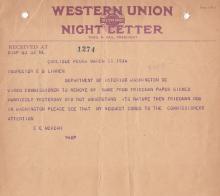 A typed telegram with "Western Union Night Letter" in the heading