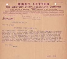 typed telegram, light brown paper, purple ink, with header that reads "Night Letter The Western Union Telegraph Company"