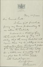 Biddle Sends News of Army Hospital Status to Pratt, 1920