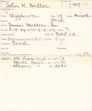 John H. Miller Student Information Card