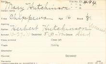 Mary Hutchinson Student Information Card
