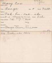 Mary Cox Student Information Card
