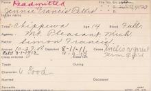 Jennie Francis Peters Student Information Card