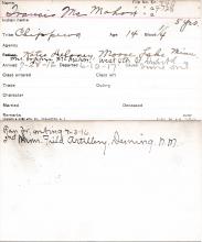 Francis McMahon Student Information Card