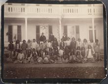 Apache Prisoners of War Upon Arrival Posed in Front of a Building, 1886