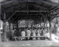 Female students and staff in the dining pavilion at Camp Sells, c. 1913