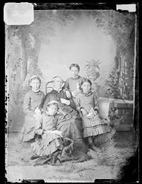 Dessie Prescott, Jennie Lawrence, Nellie Robertson, and Katie La Croix with Sarah Mather [version 1], c.1881