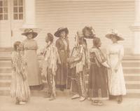 Jeanette Pappin, Clemence Le Traille and Blanche Jollie with Blackfeet Indian Visitors [version 3], 1913