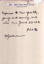 a hand written note that reads "Expenses to New York City, going and coming, and while there June 22-23. $22. M. Friedman"