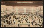 color image; view of the gynasium from the vantage point of the track, a large number of young men occupy the lower floor using equipment or watching those who are using the equipment; the rafters, wall and floor have been painted, the young men scattered throughout the room have not