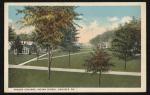 View of Campus with Trees color image; view of campus looking northeast from the academic building, trees have been painted into the foreground and cover most of the buildings that would otherwise be visible (quarters, gymnasium, superintendent's quarters)