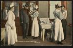 color image; five people stand in the dispensary of the school hospital, one woman (dressed in all white) stands to the left side watching as two young women give vaccinations to two young men, the young women have long white aprons over blue spotted dresses