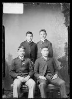 Nicholas Ruleau, Preston Three Bears, Felix Iron Eagle Feather, and an unidentified young man, 1887