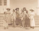 Jeanette Pappin, Clemence Le Traille and Blanche Jollie with Blackfeet Indian Visitors [version 3], 1913